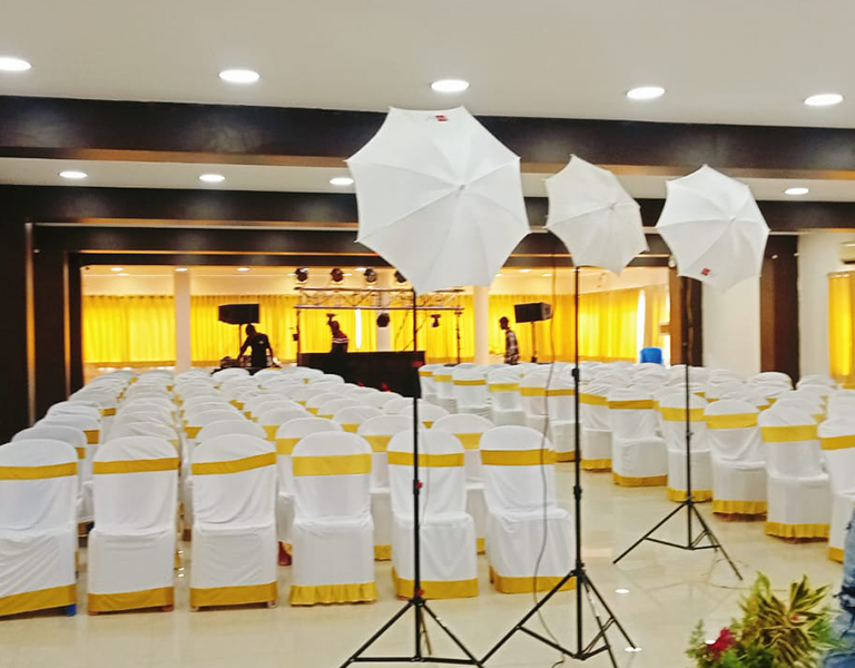 Grand Banquet Hall with Seating & Lighting Setup